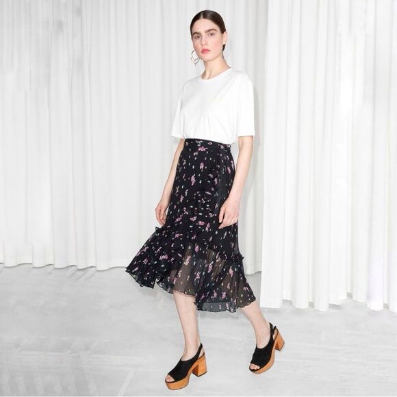 NWT & OTHER STORIES Sheer Floral Ruffle Skirt in Black Size 8 - Picture 1 of 9